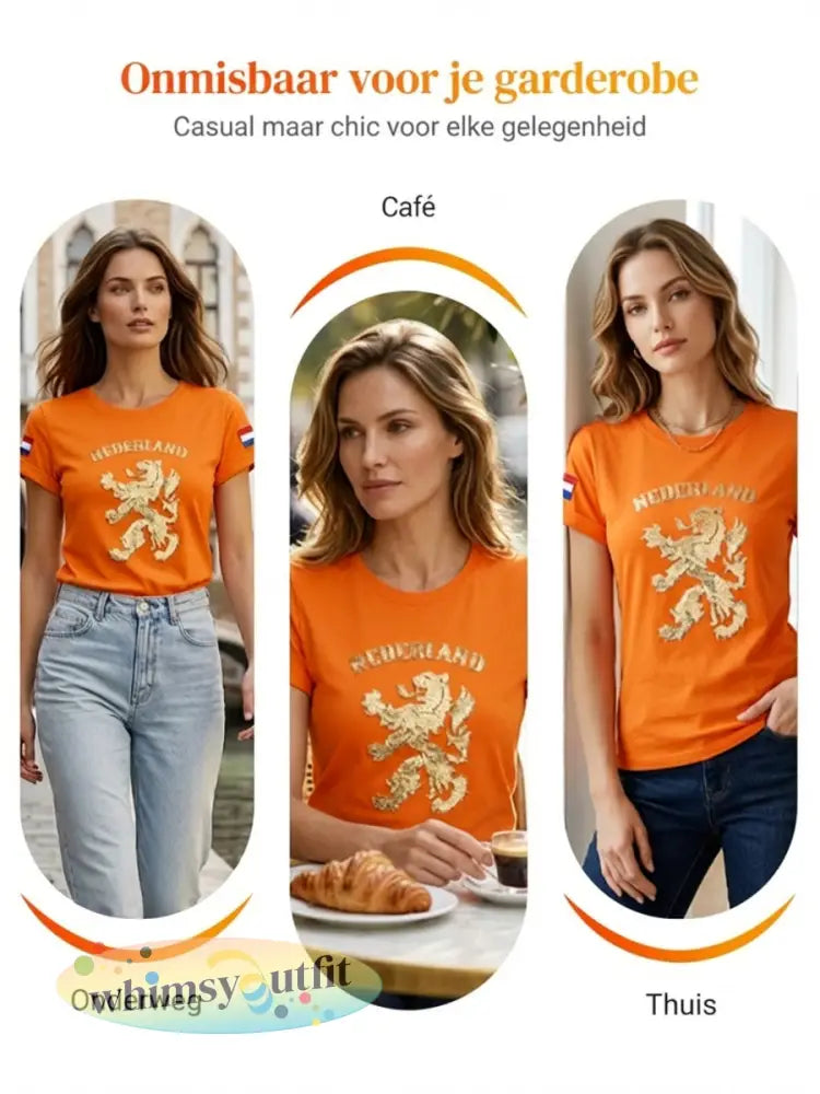Dames Vintage Nederlandse Koningsdag Leeuw Kunst Casual T-shirt