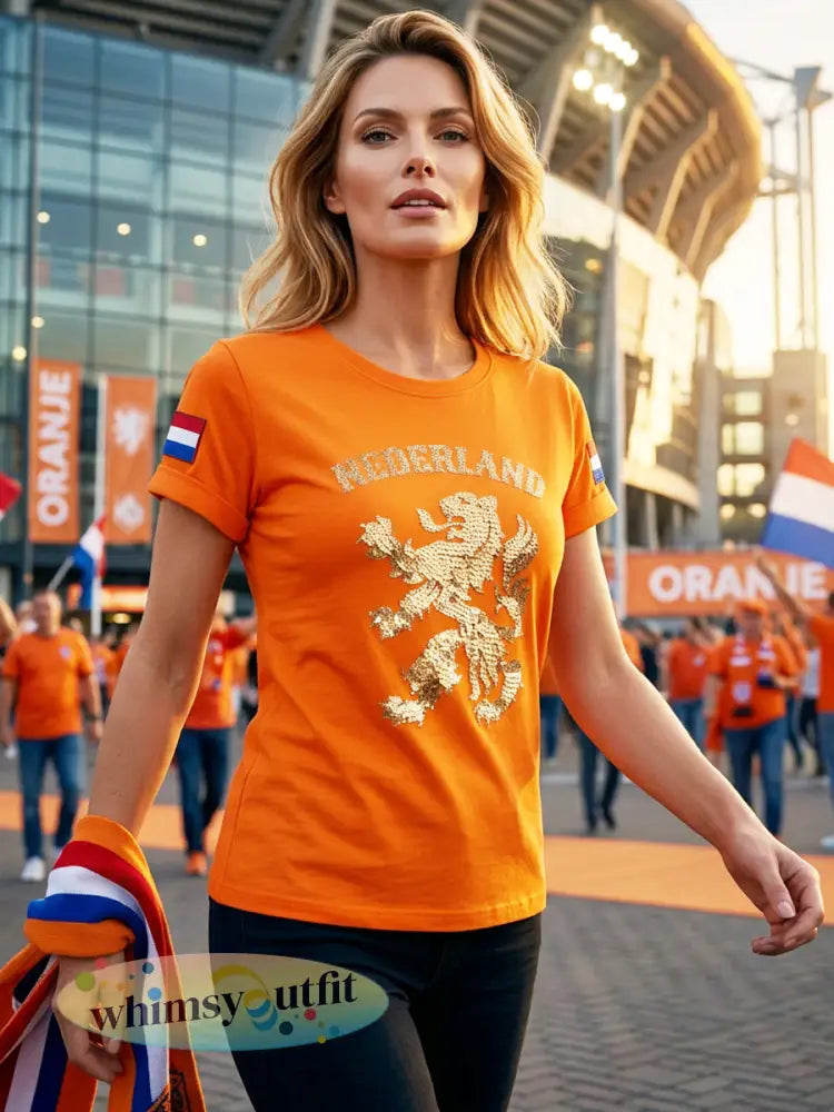 Dames Vintage Nederlandse Koningsdag Leeuw Kunst Casual T-shirt
