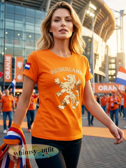 Dames Vintage Nederlandse Koningsdag Leeuw Kunst Casual T-shirt