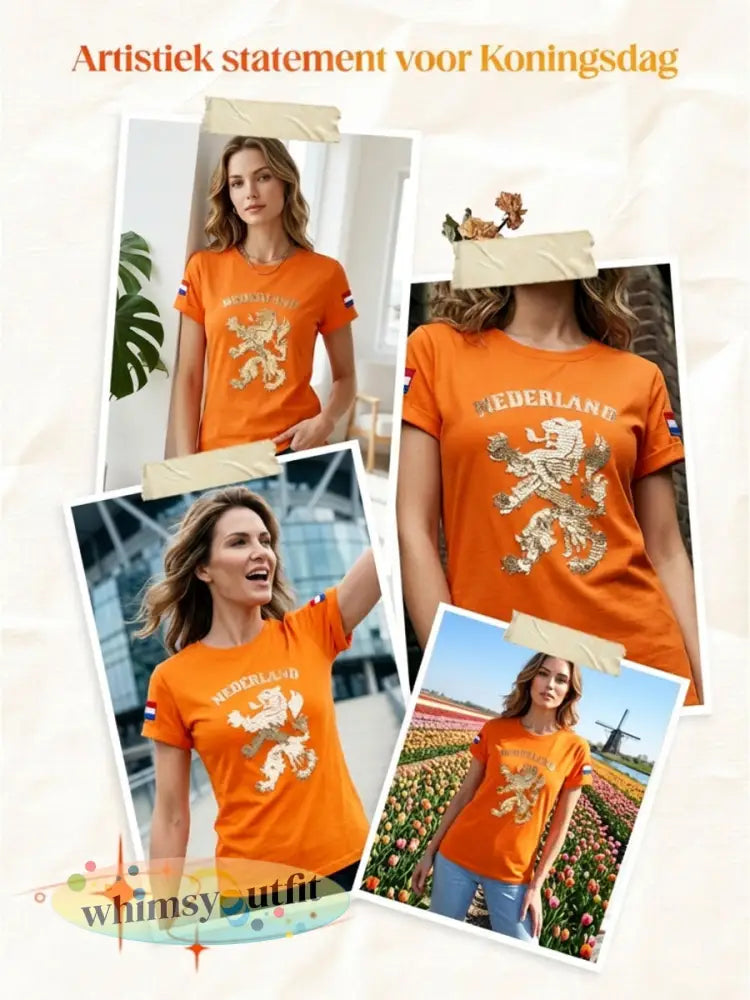 Dames Vintage Nederlandse Koningsdag Leeuw Kunst Casual T-shirt
