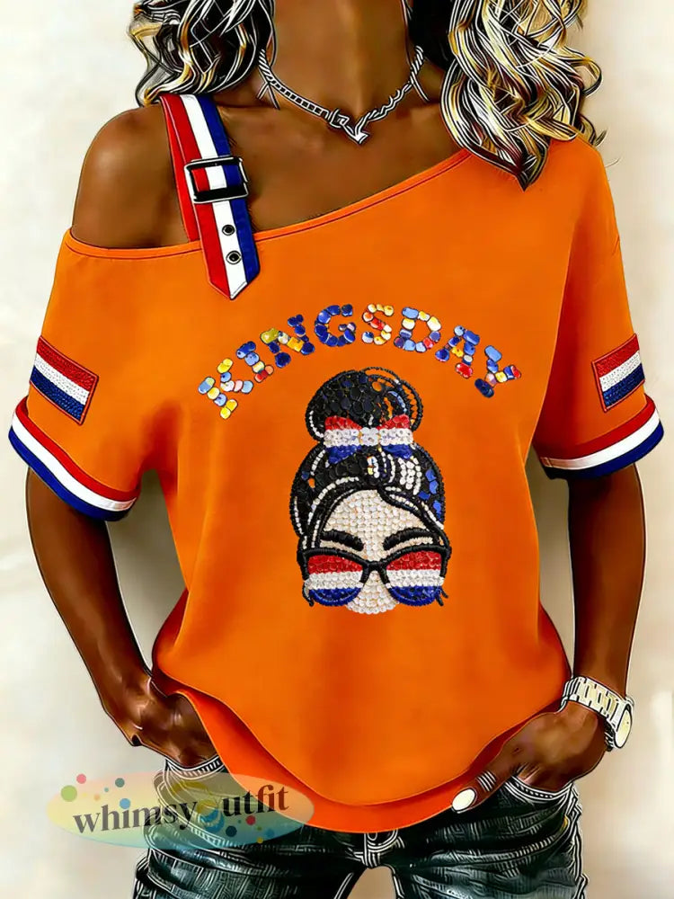 Dames Vintage Nederlandse Koningsdag Patchwork Casual T-shirt - Sinaasappel / S