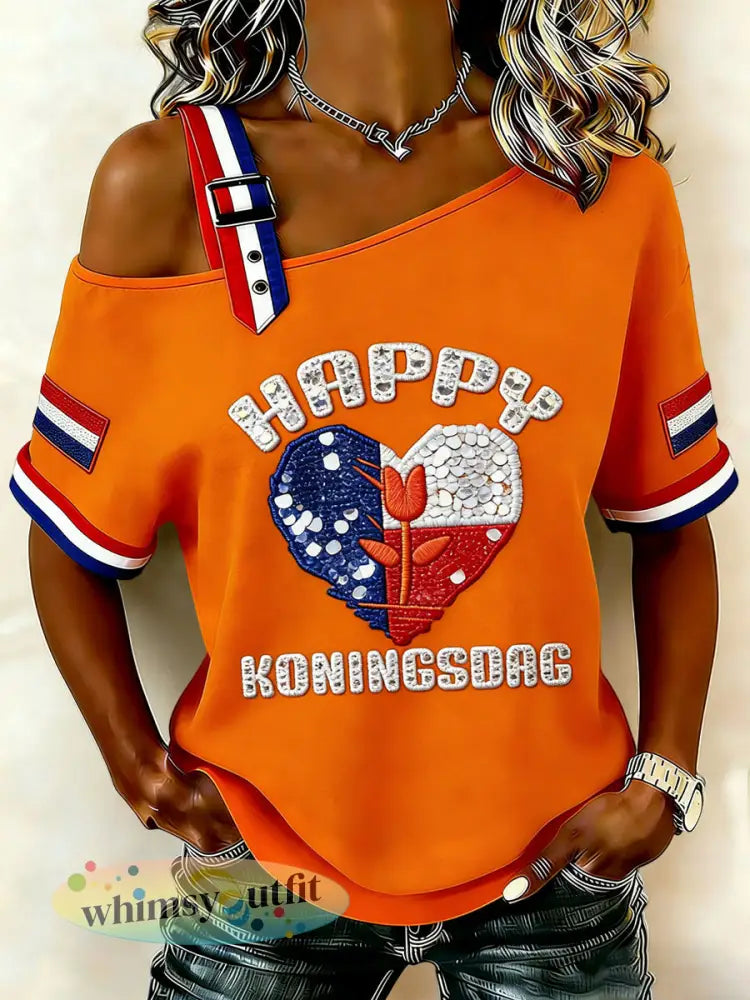 Dames Vintage Nederlandse Koningsdag Tulp Casual off-shoulder T-shirt - Sinaasappel / S