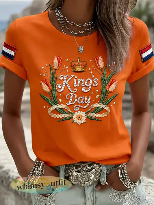 Dames Vintage Nederlandse Koningsdag Tulp Casual T-shirt - Sinaasappel / S