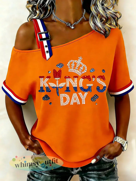 Dames Vintage Nederlandse Koningsdag Tulp Casual T-shirt - Sinaasappel / S