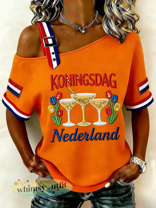 Dames vintage Nederlandse Koningsdag-tulpen casual off-shoulder t-shirt - Sinaasappel / S