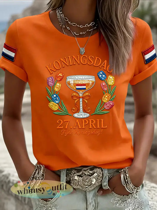 Dames Vintage Nederlandse Koningsdag Tulpen Casual T-shirt - Sinaasappel / S