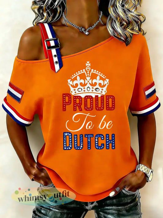 Dames Vintage Nederlandse Koningsdag Viering Casual off-shoulder T-shirt - Sinaasappel / S