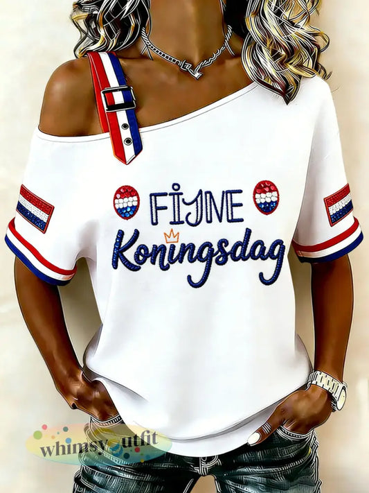 Dames Vintage Nederlandse Koningsdag Viering Casual off-shoulder T-shirt - Wit / S