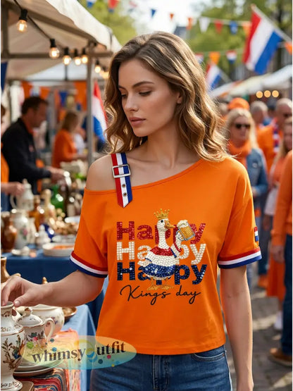 Dames Vintage Nederlandse Koningsdag Viering Casual T-shirt