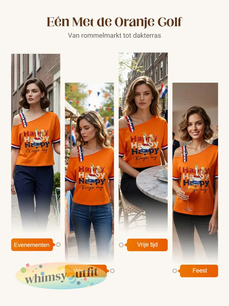Dames Vintage Nederlandse Koningsdag Viering Casual T-shirt