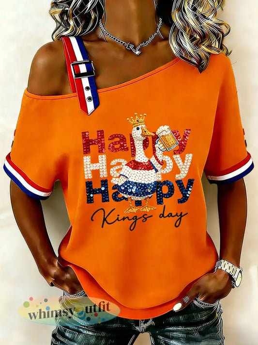 Dames Vintage Nederlandse Koningsdag Viering Casual T-shirt - Sinaasappel / S