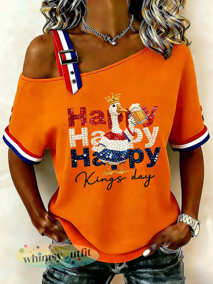 Dames Vintage Nederlandse Koningsdag Viering Casual T-shirt - Sinaasappel / S