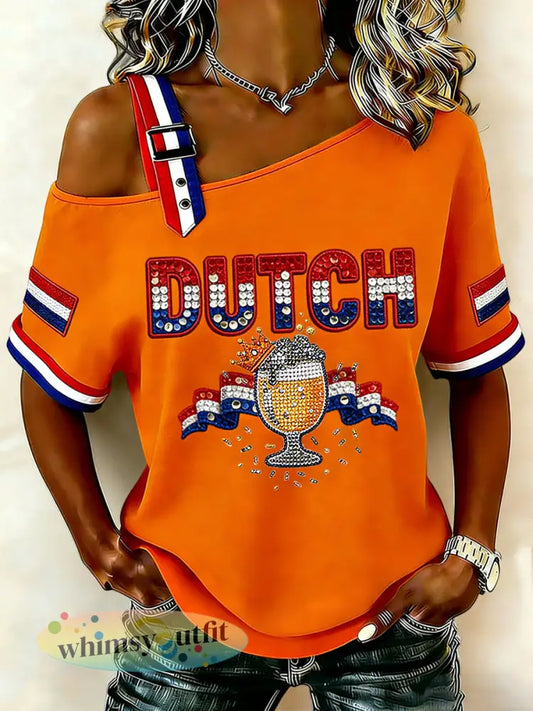 Dames Vintage Nederlandse Koningsdag Vlag Casual off-shoulder T-shirt - Sinaasappel / S