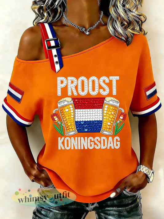 Dames Vintage Nederlandse Koningsdag Vlag Off-Shoulder T-shirt - Sinaasappel / S
