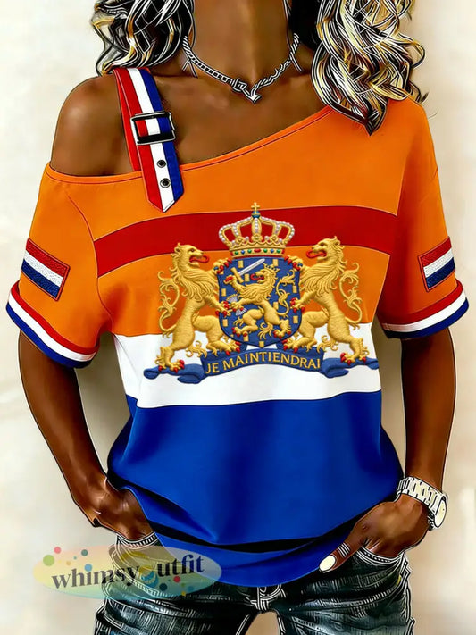 Dames Vintage Nederlandse Koningsdag Vlag Pin Casual off-shoulder T-shirt - Sinaasappel / S