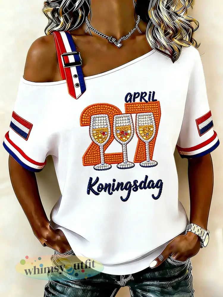 Dames Vintage Nederlandse Koningsdag Vlag Viering Off-Schouder T-shirt - Sinaasappel / S