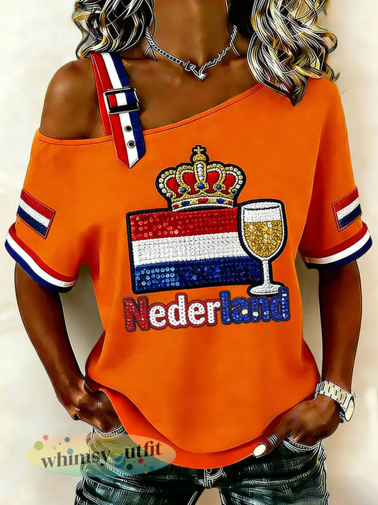 Dames vintage Nederlandse Koningsdagkroon casual off-shoulder t-shirt - Sinaasappel / S