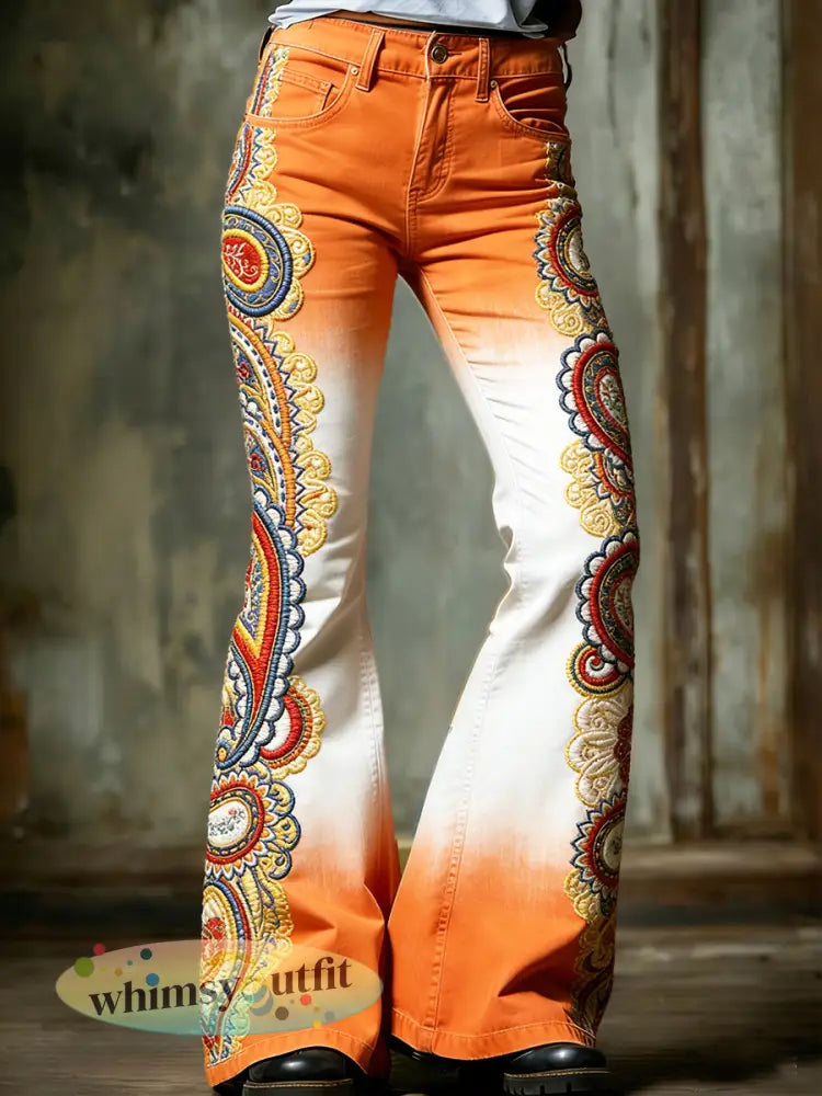 Dames vintage Nederlandse Paisley gradiëntprint modieuze uitlopende broek - Oranje wit / S