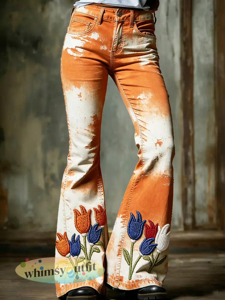 Dames Vintage Nederlandse Tulp Bloemenprint Mode Uitlopende Broeken - Oranje wit / S