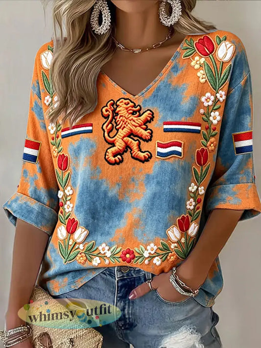 Dames Vintage Nederlandse Tulpenprint Mode V-hals T-shirt - Sinaasappel / S