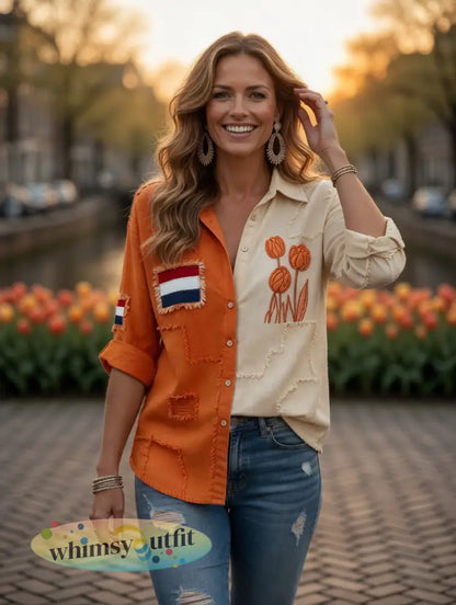 Dames vintage Nederlandse vlag tulp patchwork print casual shirt