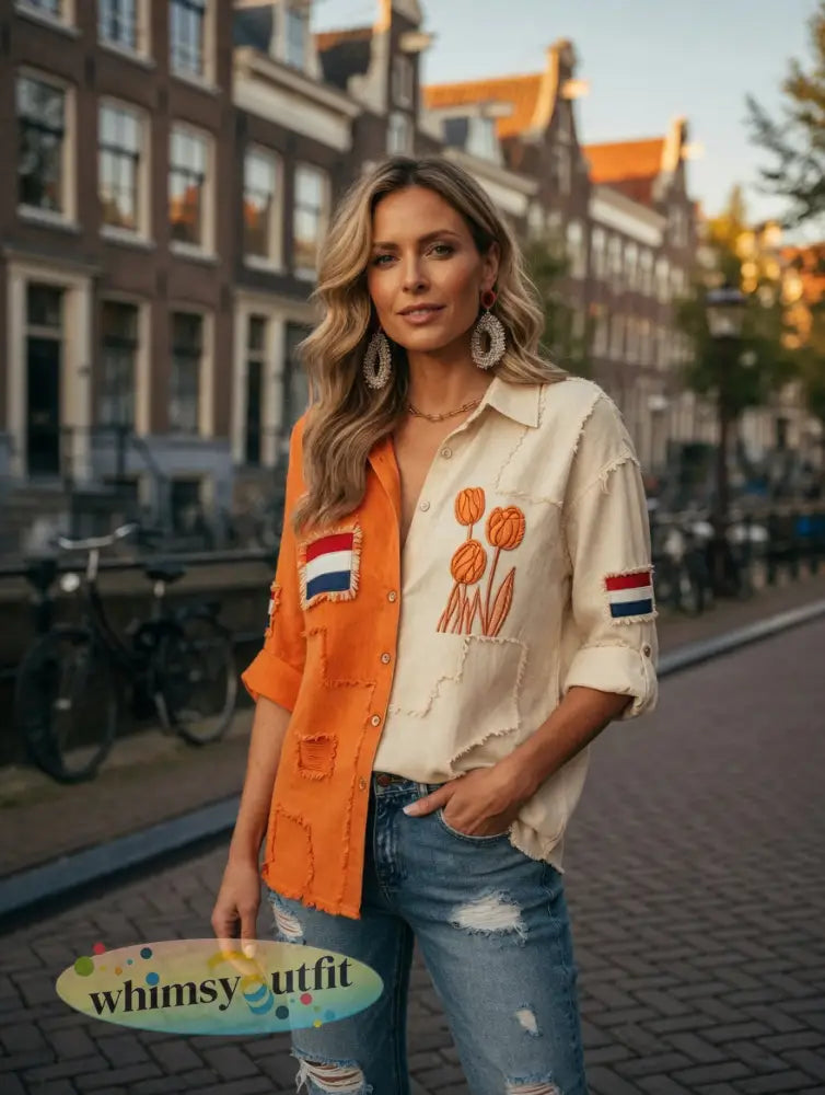 Dames vintage Nederlandse vlag tulp patchwork print casual shirt