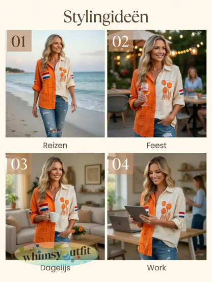 Dames vintage Nederlandse vlag tulp patchwork print casual shirt