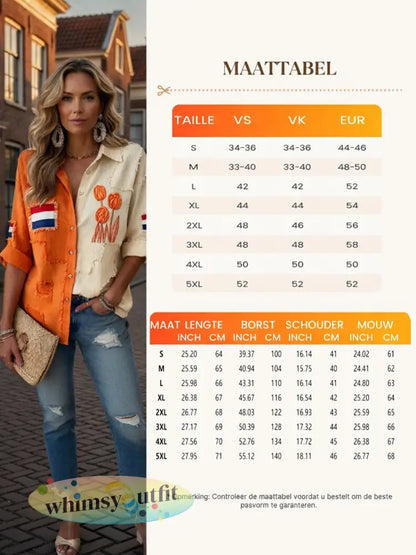 Dames vintage Nederlandse vlag tulp patchwork print casual shirt