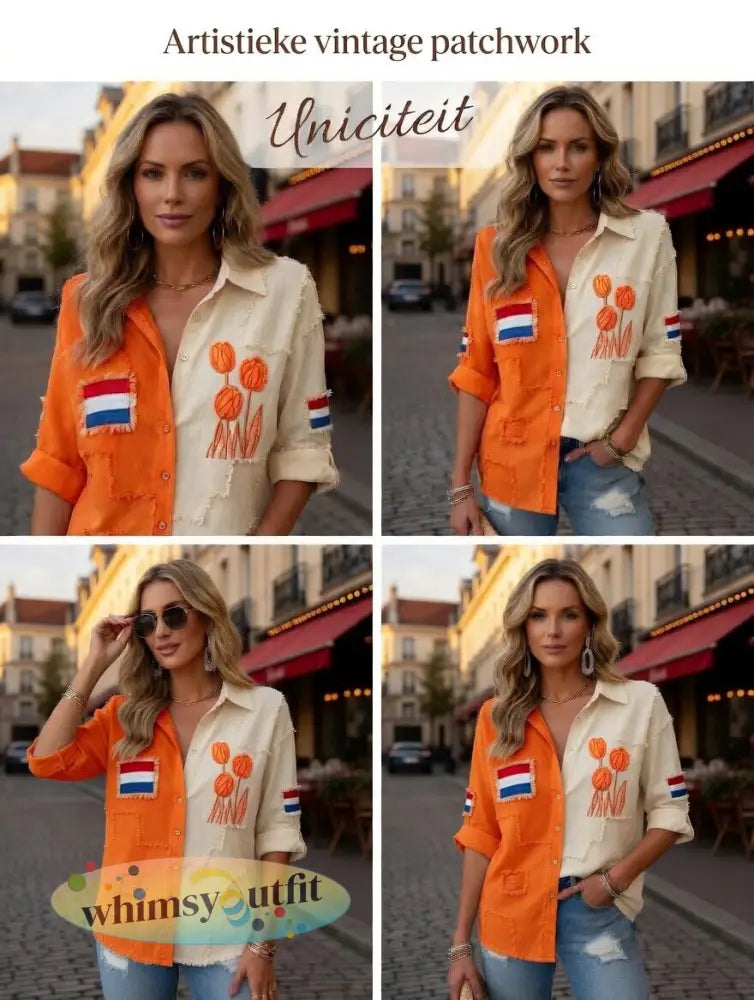 Dames vintage Nederlandse vlag tulp patchwork print casual shirt