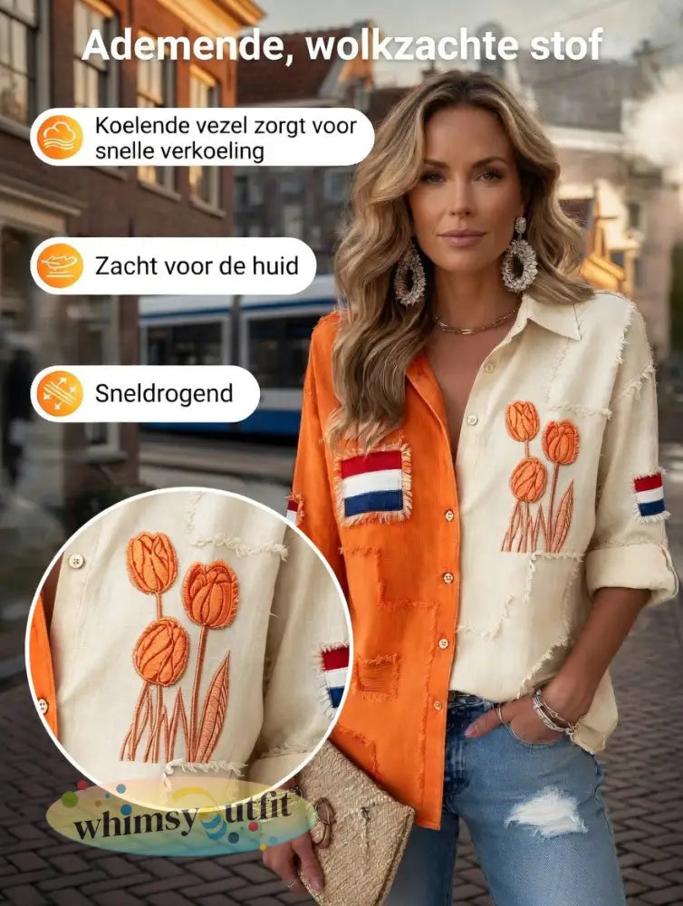 Dames vintage Nederlandse vlag tulp patchwork print casual shirt