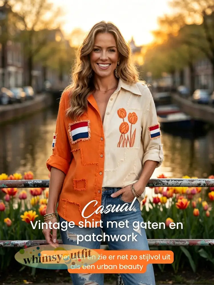 Dames vintage Nederlandse vlag tulp patchwork print casual shirt - Oranje wit / S