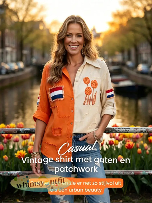 Dames vintage Nederlandse vlag tulp patchwork print casual shirt - Oranje wit / S