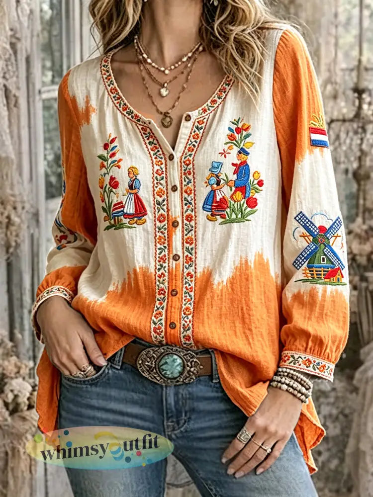 Dames vintage Nederlandse windmolenprint casual katoenen linnen overhemd met lange mouwen - Oranje wit / S