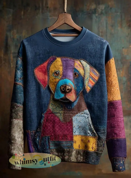 Dames vintage patchwork hond kunst print casual sweatshirt - als foto / S
