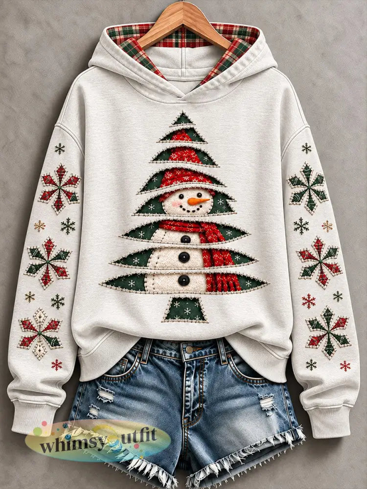 Dames Vintage Sneeuwman Kerstboomprint Hoodie - Wit / S