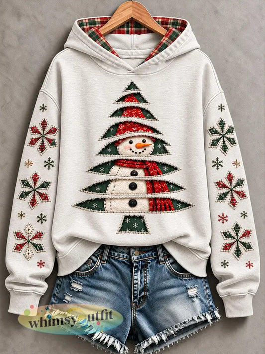Dames Vintage Sneeuwman Kerstboomprint Hoodie - Wit / S