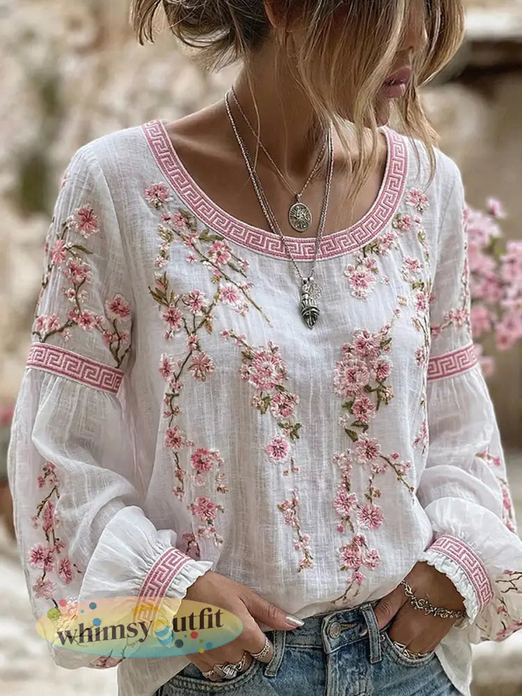 Dames vintage stijl casual katoen-linnen top met geborduurde bloemen en bedrukt patchwork - A / S