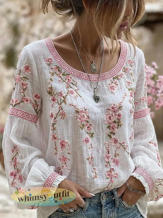 Dames vintage stijl casual katoen-linnen top met geborduurde bloemen en bedrukt patchwork - A / S
