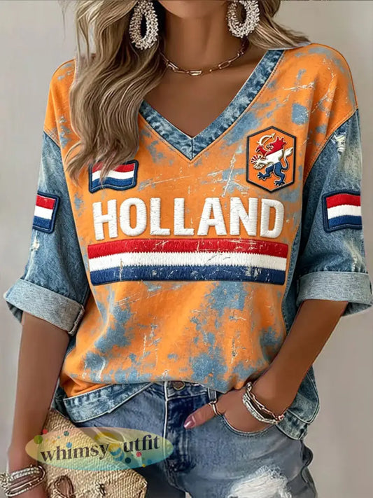 Dames vintage t-shirt in denimstijl met Nederlandse vlagprint patchwork en V-hals - Sinaasappel / S