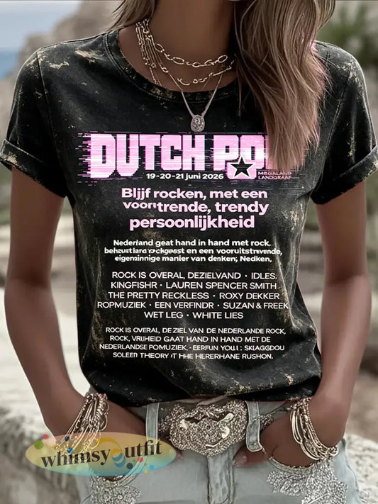 Dames vintage zwart Nederlands pop-artprint casual T-shirt - Zwart / S