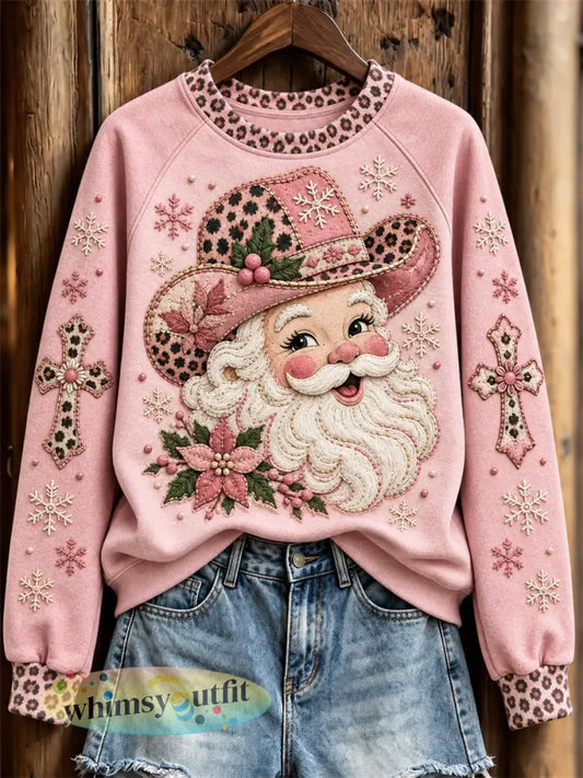 Dames western roze kerstman & cross print sweatshirt met raglan mouw - Roze / S