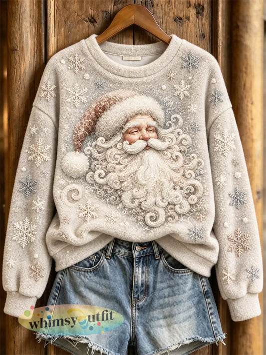 Dames Winter Christmas Santa Claus Patroon Casual Flanellen Sweatshirt - Romig-Wit / S