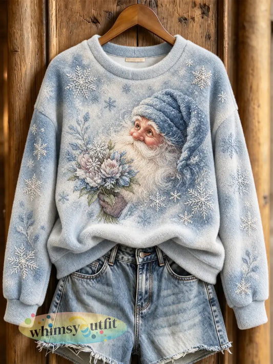 Dames wintertrui met kerstmankledingpatroon casual flanellen sweater - Lichtblauw / S