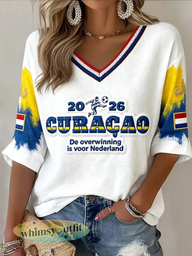 Dames Wit 2026 Nederland Voetbal Curaçao Print Casual T-shirt - Wit / S