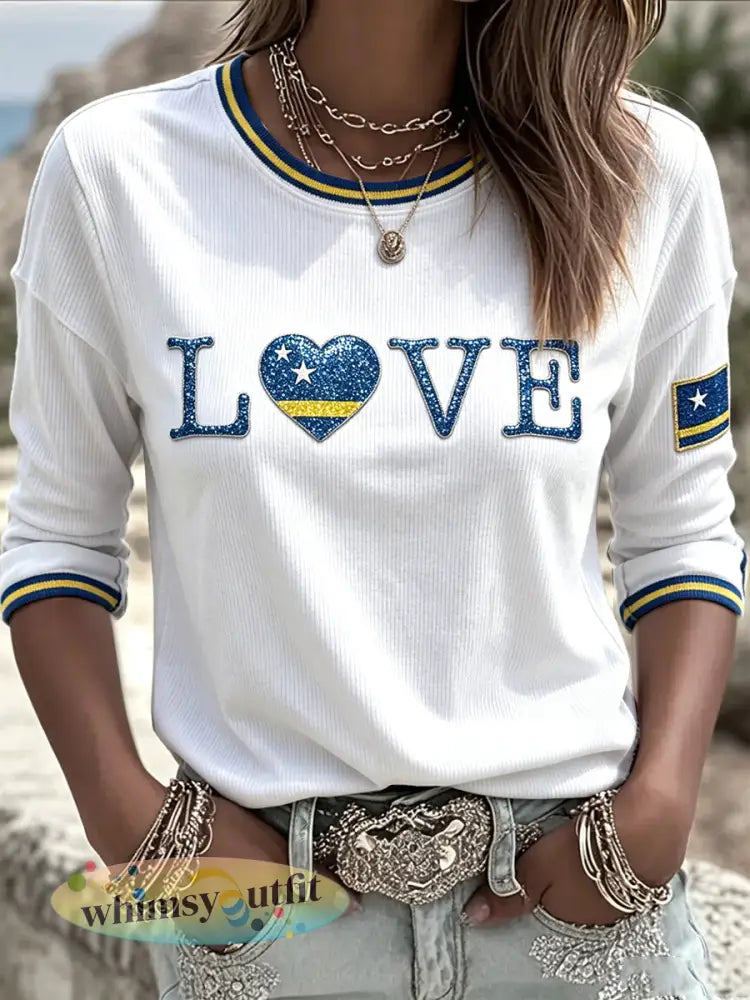 Dames wit Curaçao Vlag Print Casual T-shirt met lange mouwen - Wit / S