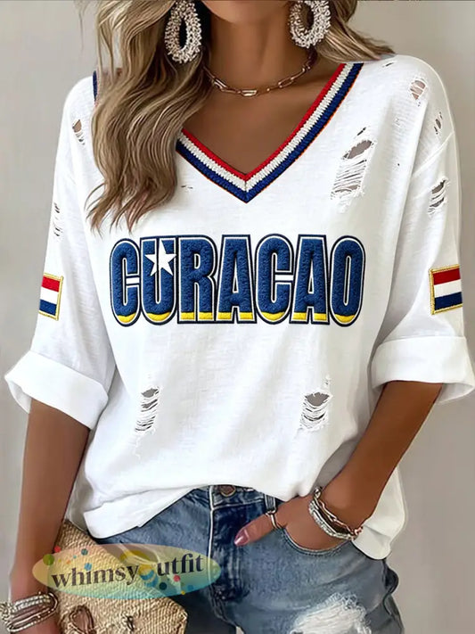Dames Wit Nederlands Voetbal Curaçaos Distressed Print Casual T-shirt - Wit / S