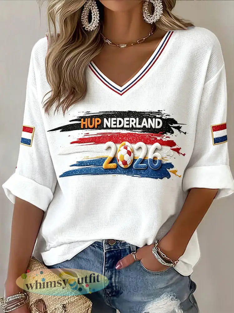 Dames Wit Nederlands Voetbal Print Casual Waffle-Weave V-hals T-shirt - Wit / S