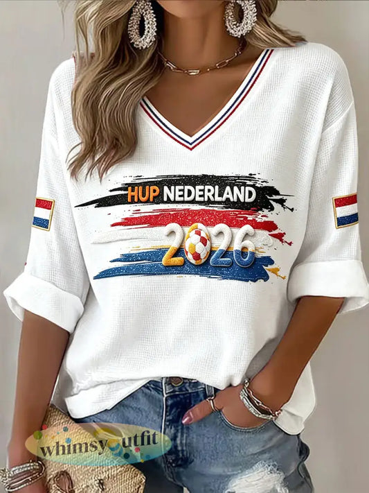 Dames Wit Nederlands Voetbal Print Casual Waffle-Weave V-hals T-shirt - Wit / S