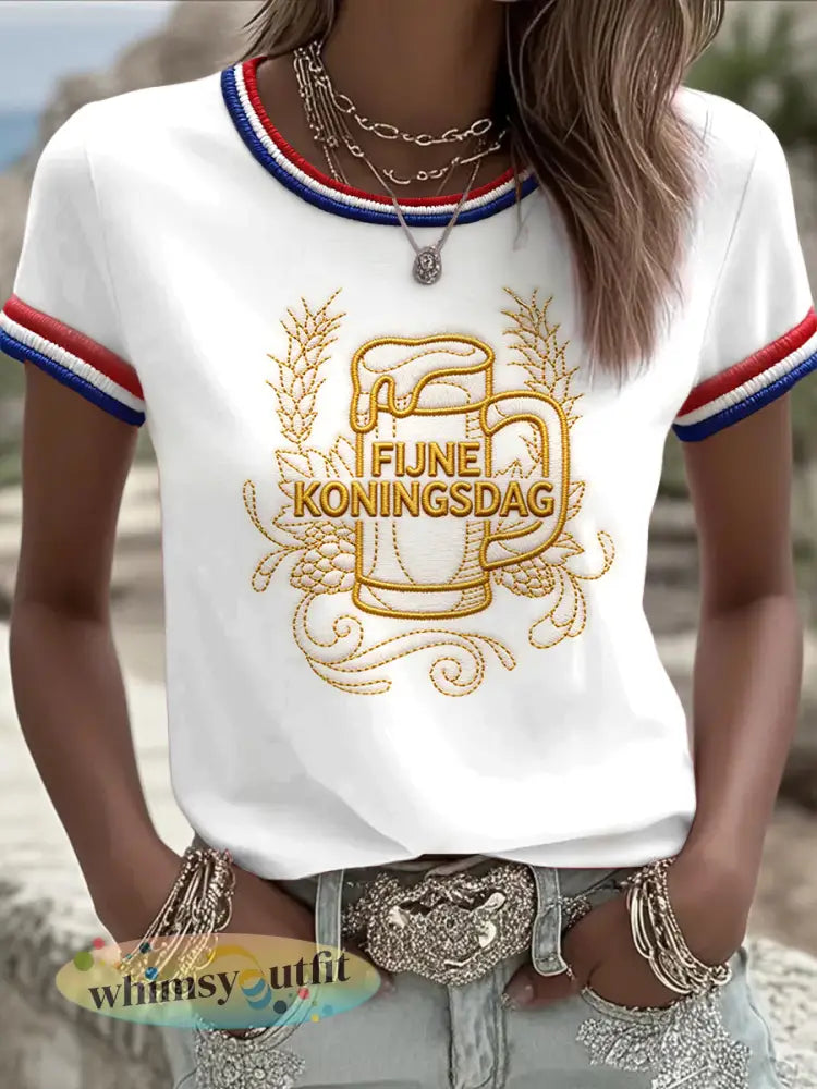 Dames Wit Nederlandse Koningsdag Geborduurd 3D Print Casual T-shirt - Wit / S