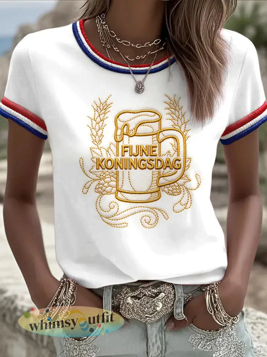 Dames Wit Nederlandse Koningsdag Geborduurd 3D Print Casual T-shirt - Wit / S